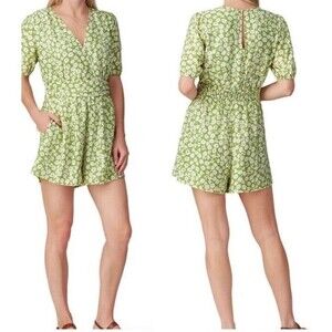 Heartloom Emory Romper Sz‎ XS Green White Floral Print Short Sleeve Beach Summer